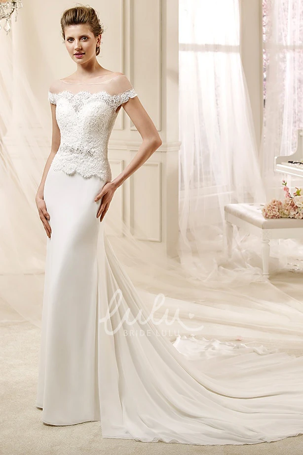 Beaded Lace Wedding Dress with Jewel Neckline and Satin Skirt Elegant Wedding Dress