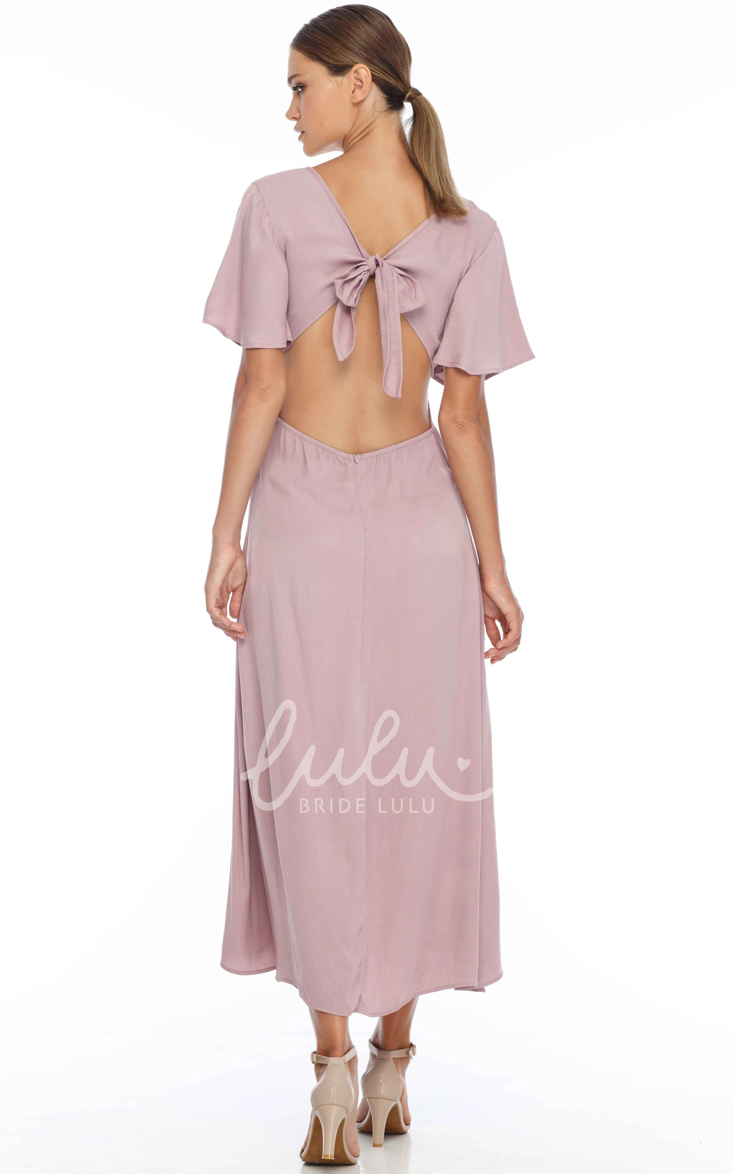 Elegant Chiffon V-neck Bridesmaid Dress with Open Back and Bow Casual Bridesmaid Dress