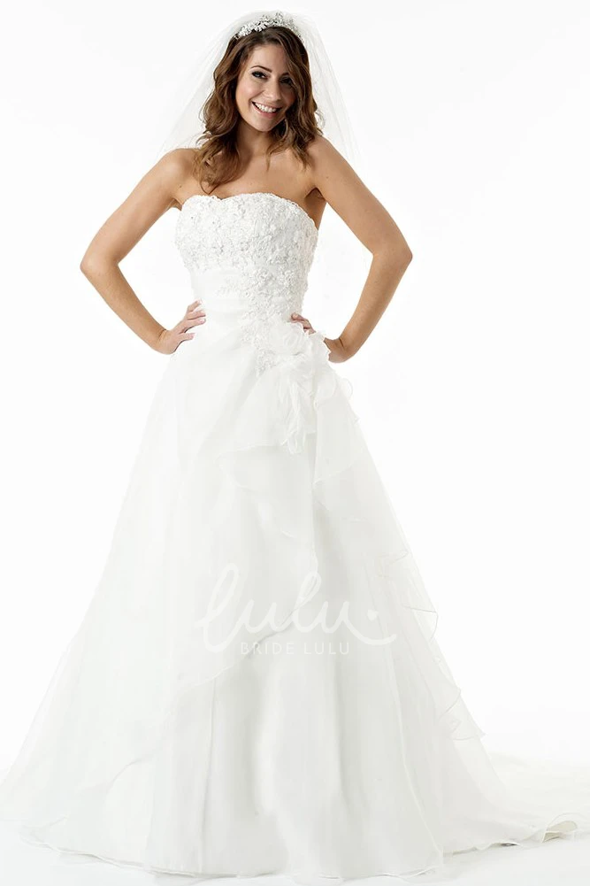 Strapless A-Line Satin Wedding Dress with Appliques & Flowers