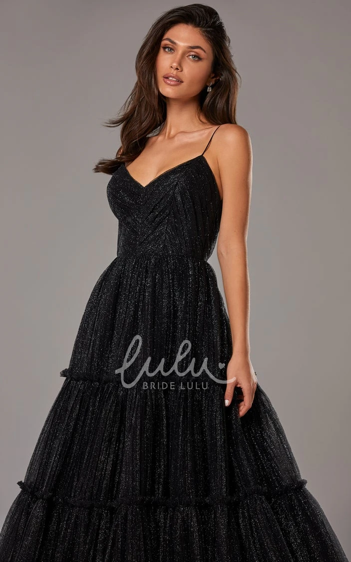 Spaghetti Neck A Line Tulle Tea-length Formal Dress without Sleeves