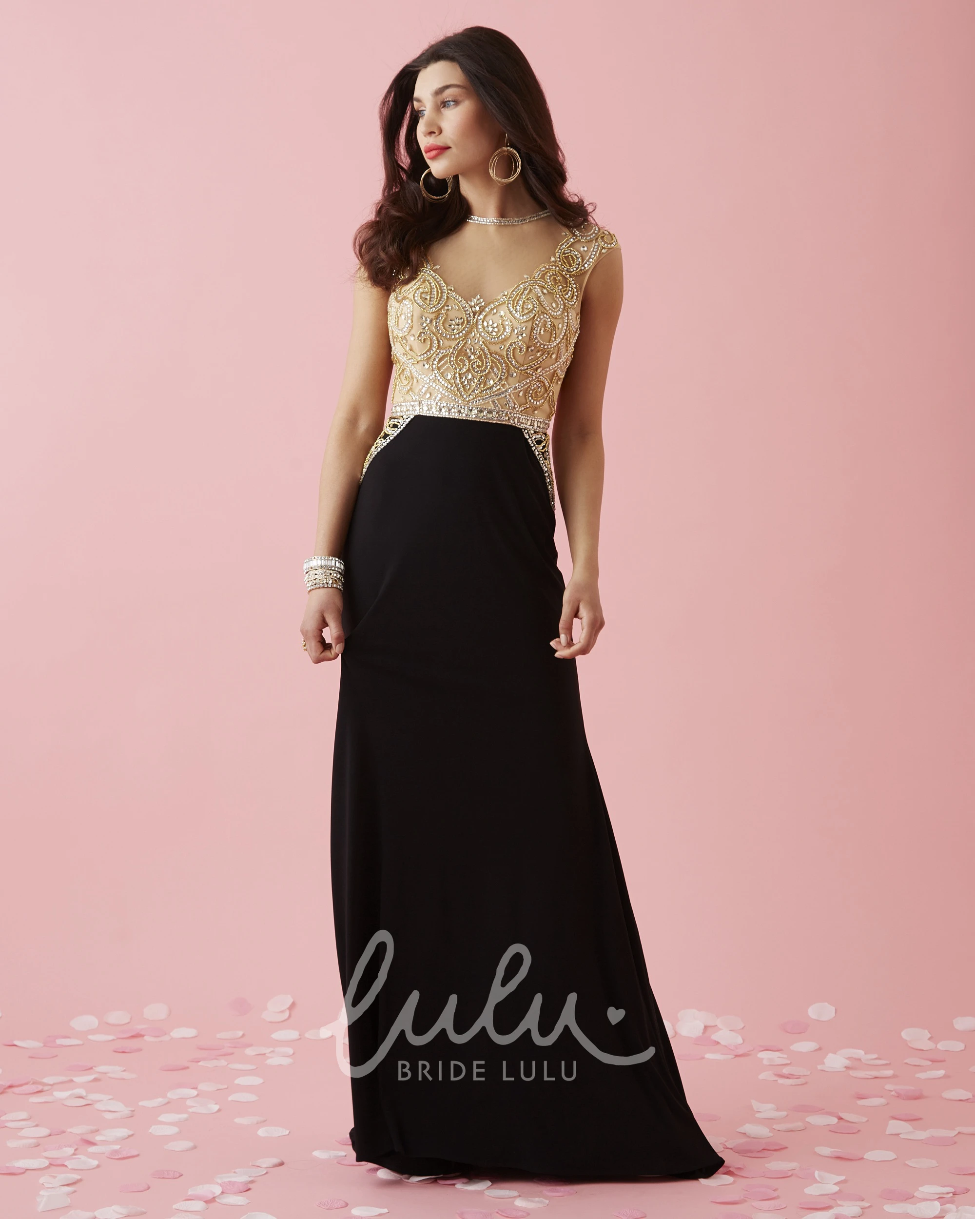 Long Cap-Sleeve Sheath Jersey Dress with V-Neck and Beading Evening Dress