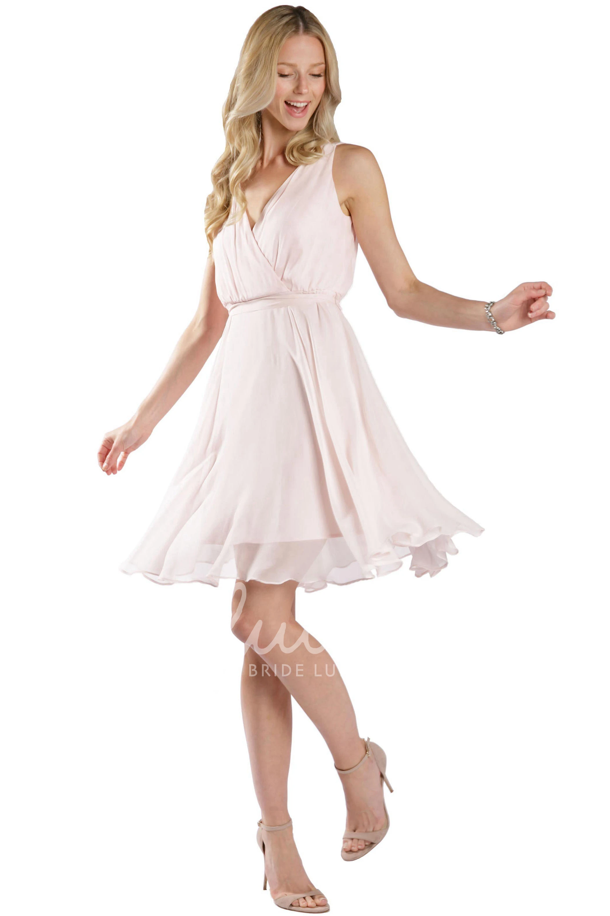 Draped Sleeveless Chiffon Multi-Color Bridesmaid Dress with Bow Mini V-Neck Style