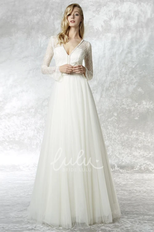 Lace V-Neck Tulle A-Line Wedding Dress with Illusion Sleeves and Brush Train