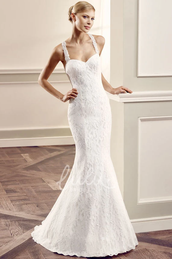 Halter Lace Wedding Dress with Brush Train Floor-Length