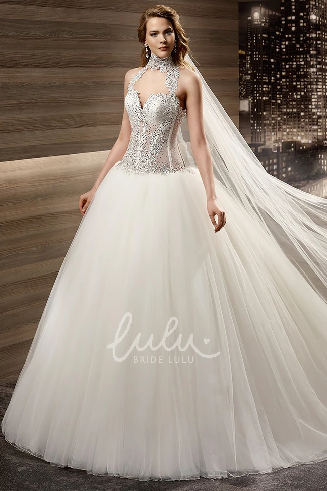 Beaded High-Neck A-Line Wedding Dress with Pleated Skirt