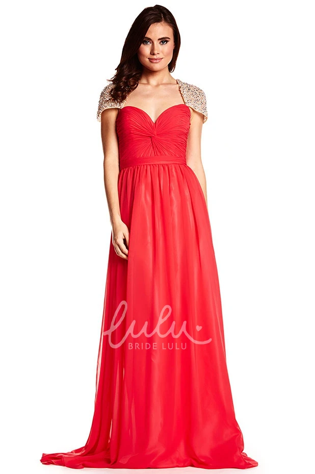Maxi A-Line Chiffon Prom Dress with Beading Cap-Sleeve Sweetheart Keyhole Back