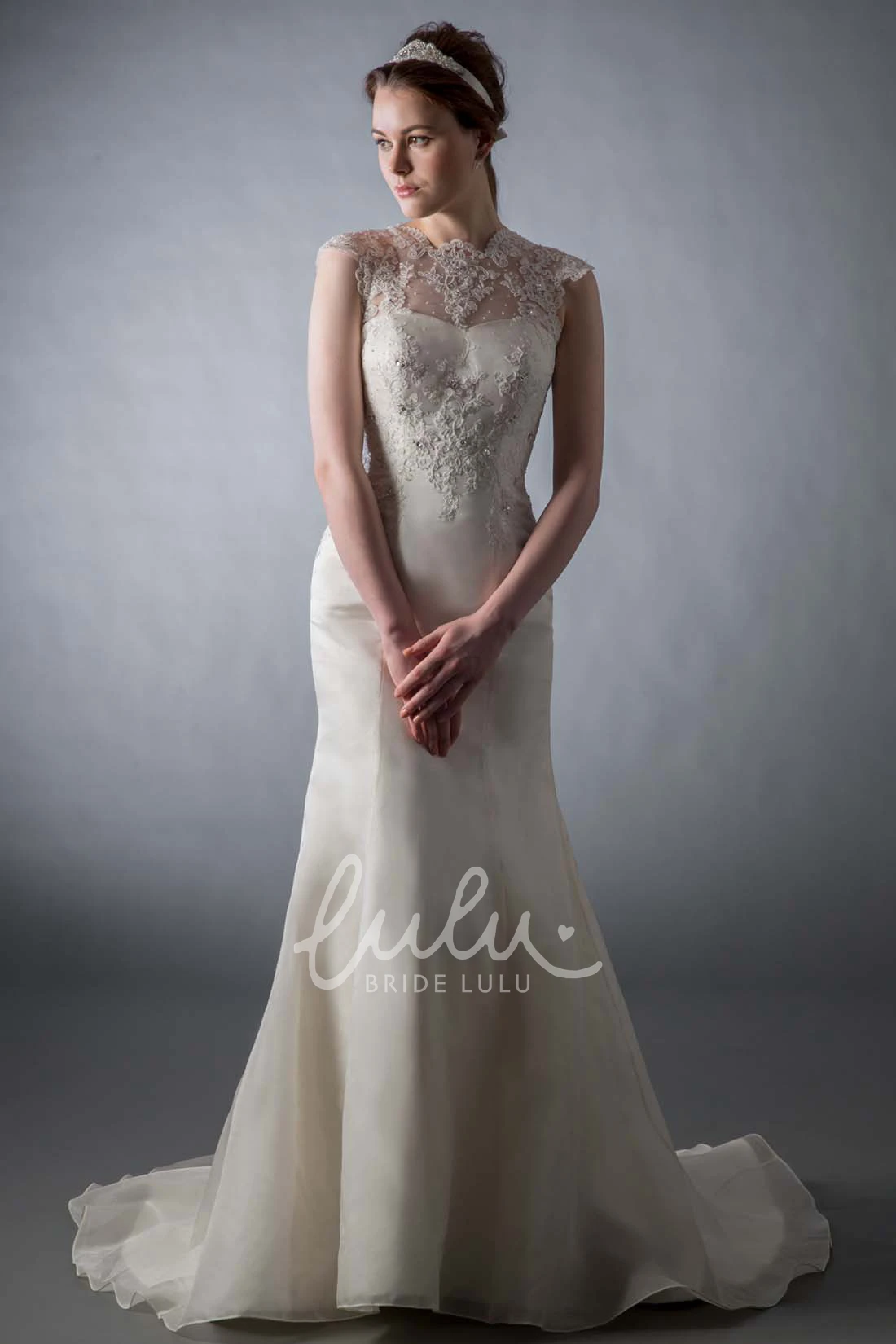 Cap-Sleeve Jewel Satin Sheath Wedding Dress with Illusion Back and Beading