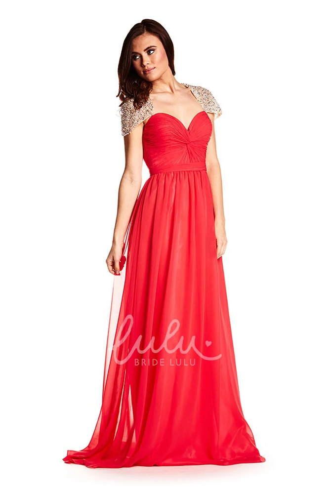 Maxi A-Line Chiffon Prom Dress with Beading Cap-Sleeve Sweetheart Keyhole Back
