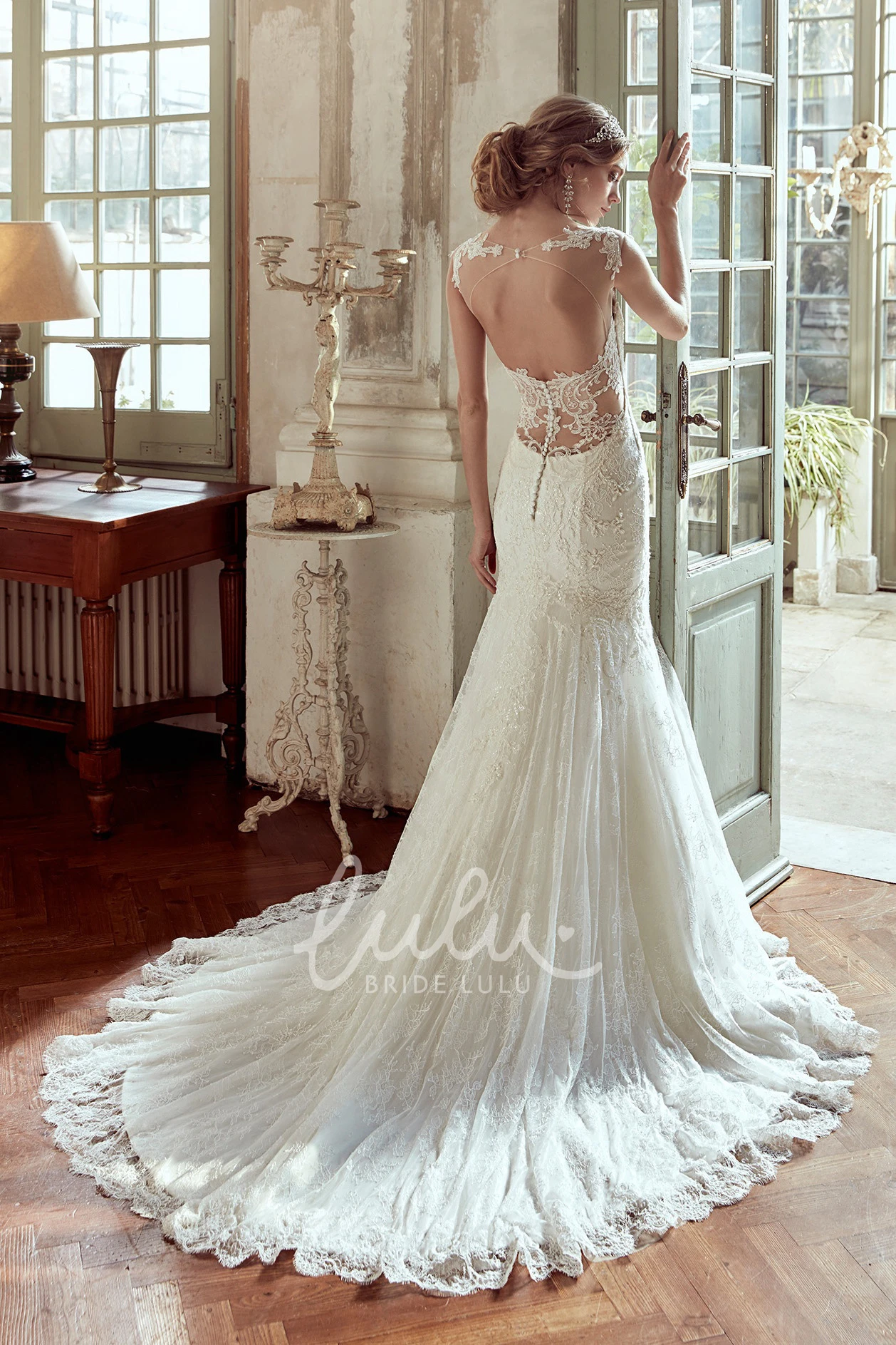 Lace Wedding Dress with Open Back and Brush Train Romantic Bridal Gown