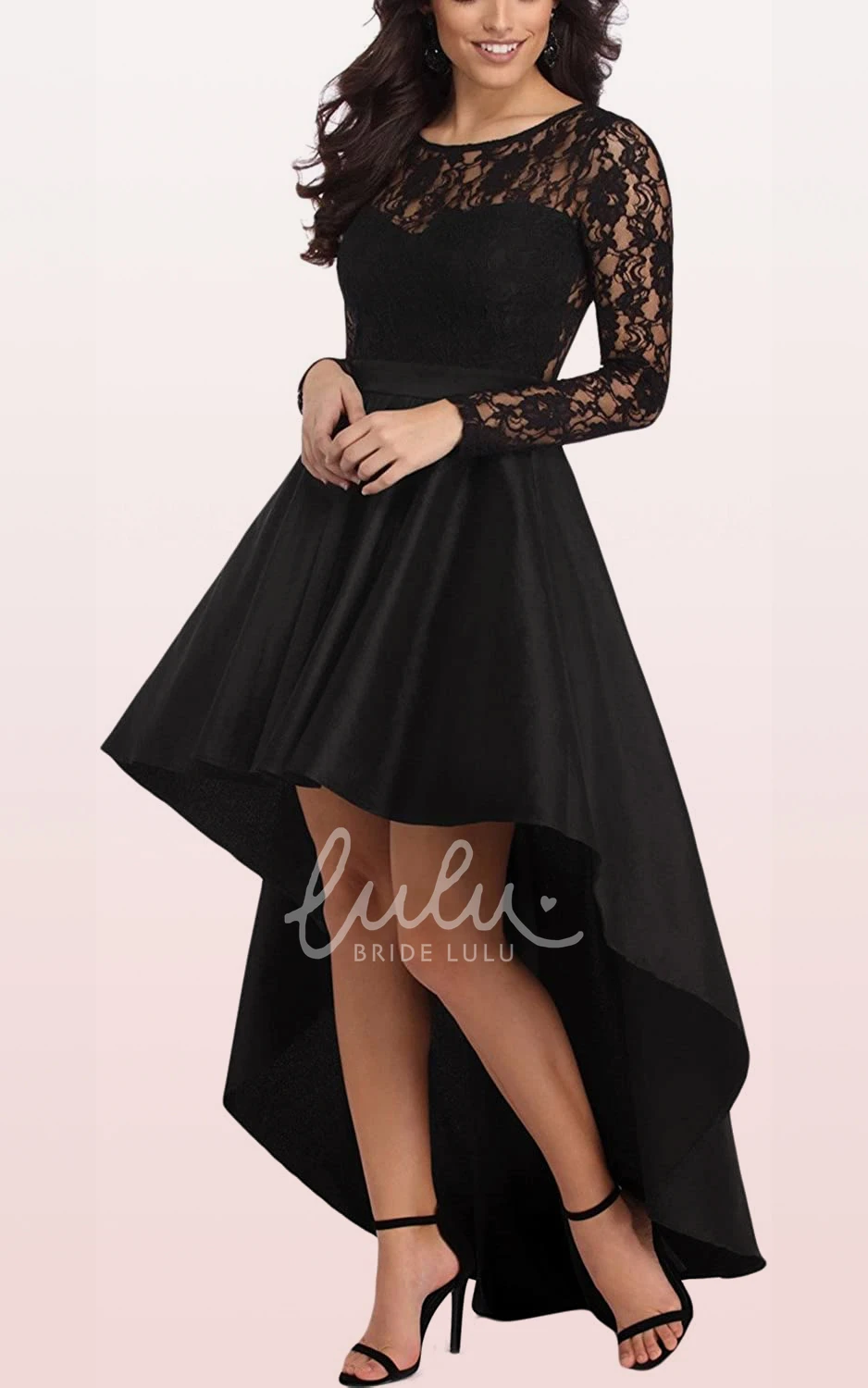 Long Sleeve Lace Taffeta Illusion Formal Dress with Ruffles