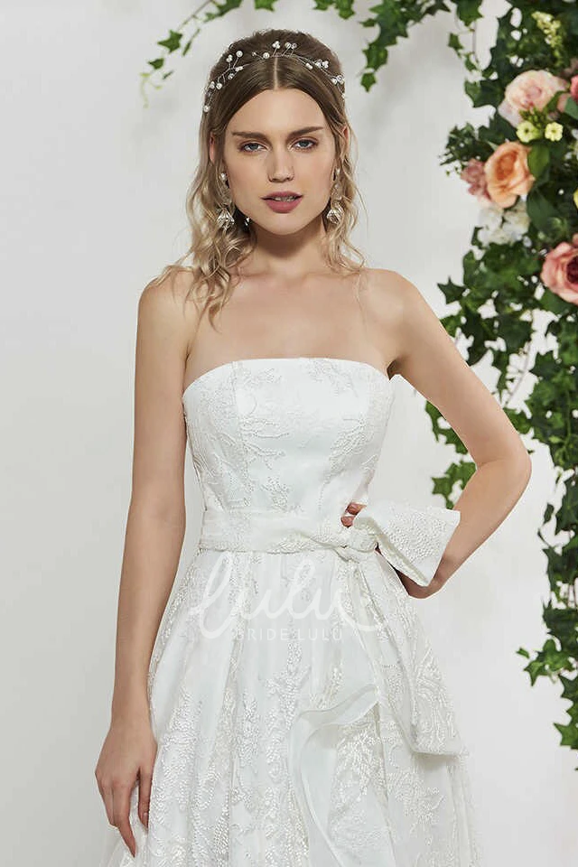Sweet Lace High-low Wedding Dress with Sash and Bow Sleeveless Sweet High-low Lace Wedding Dress