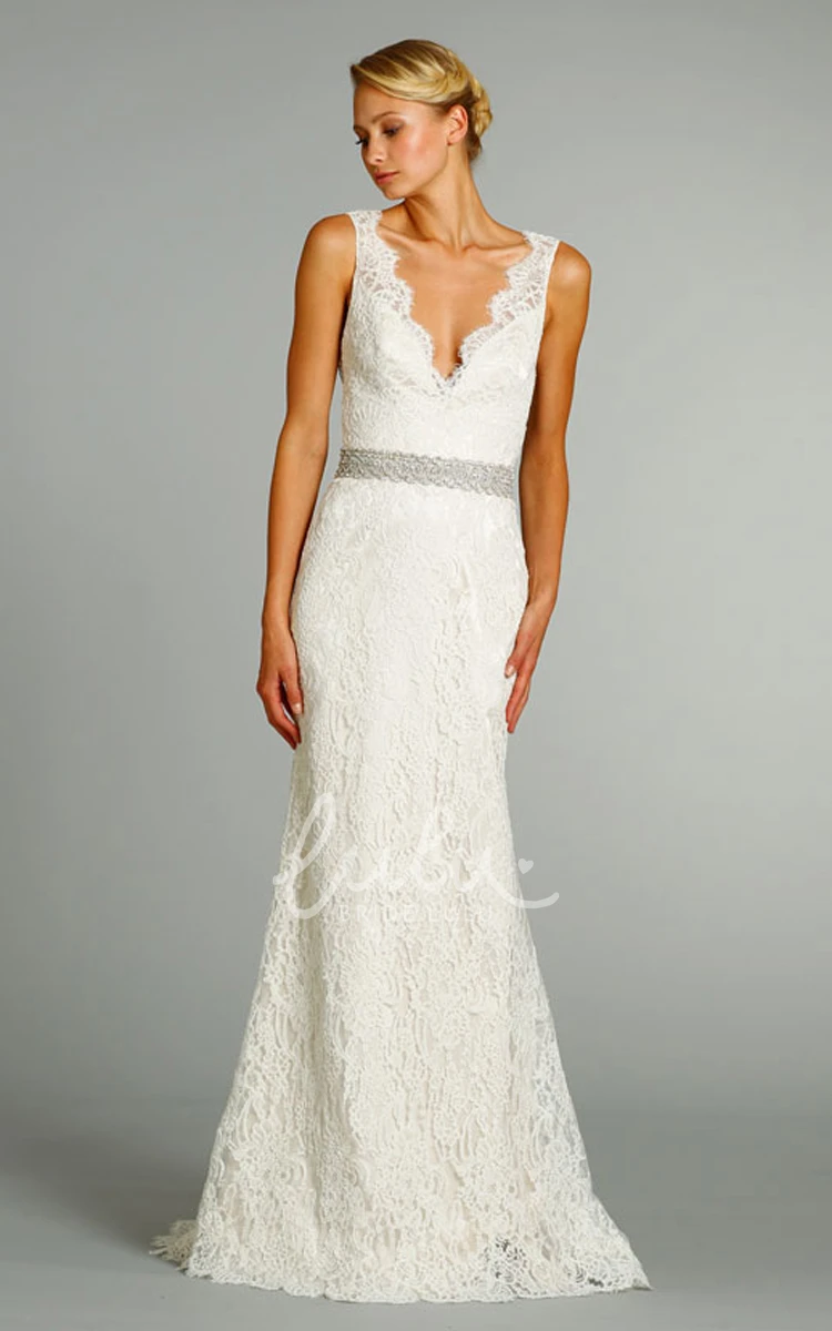 Crystal Embroidered Belt V-Neck Lace Gown for Stunning Look