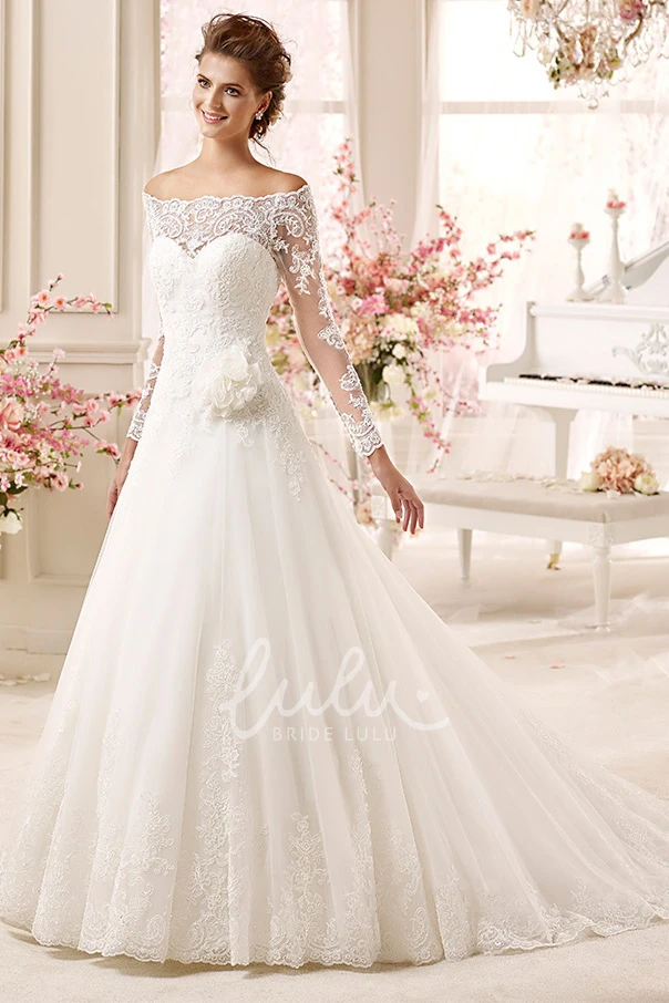 A-line Dress with Off-shoulder and Long Sleeves Adorned with Flowers Classy and Romantic