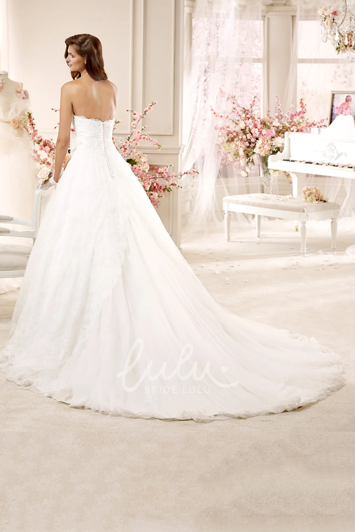 Notched-neck A-line Wedding Dress with Flowers and Court Train Classic & Timeless Wedding Dress