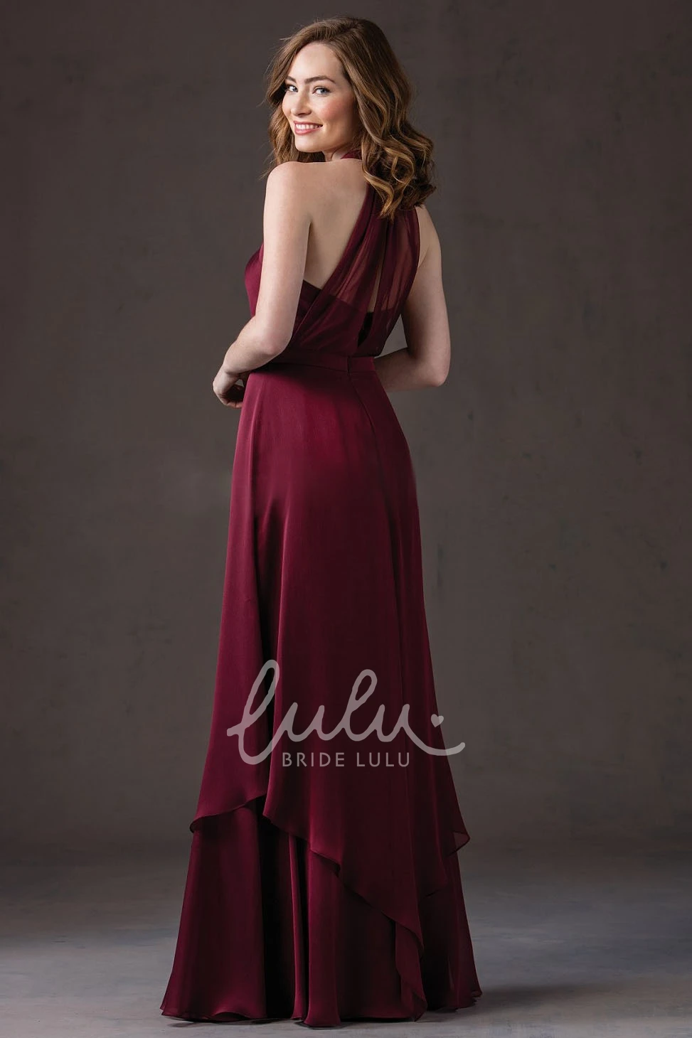 Long V-Neck Pleated Gown with Keyhole Bridesmaid Dress