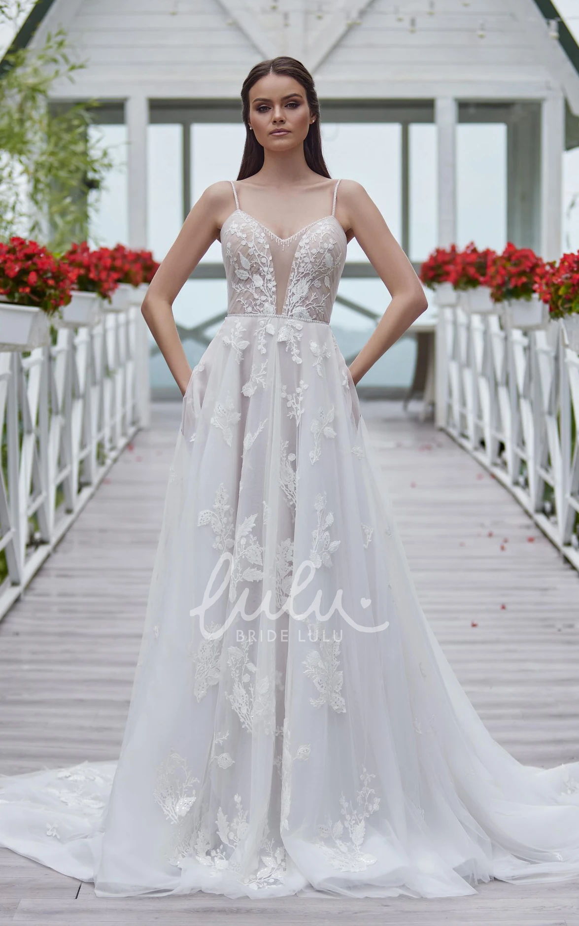 Garden Wedding Dress with Lace A-Line Silhouette Spaghetti Straps Open Back and Appliques Classy and Romantic