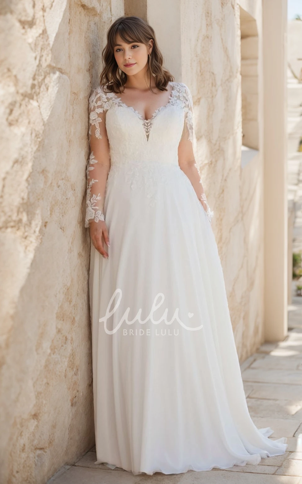 Romantic Plus Size Wedding Dress with Illusion Lace Sleeves Elegant A-Line Bridal Gown for Ceremony