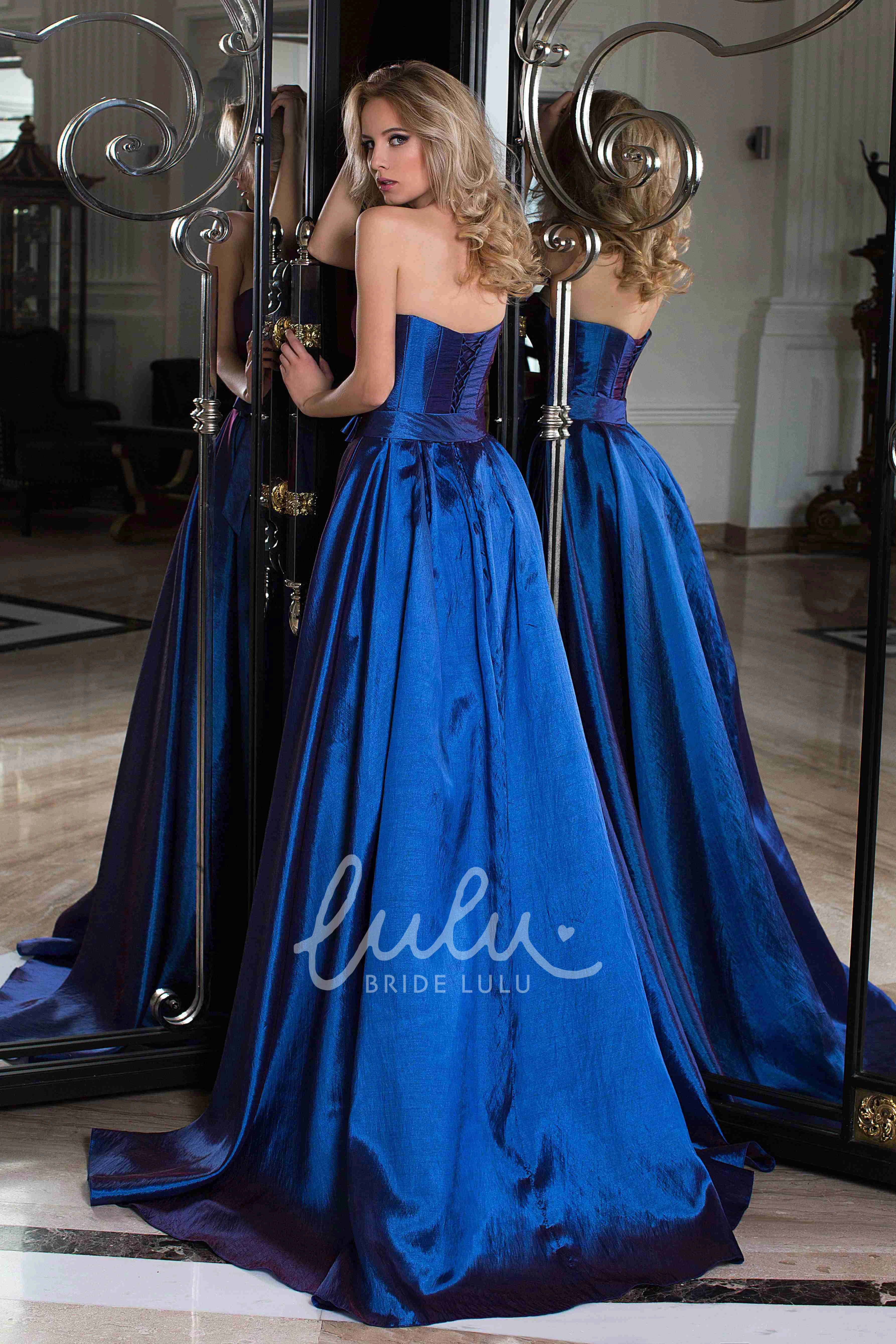 Strapless Satin Prom Dress with Corset Back and Brush Train in A-Line Style