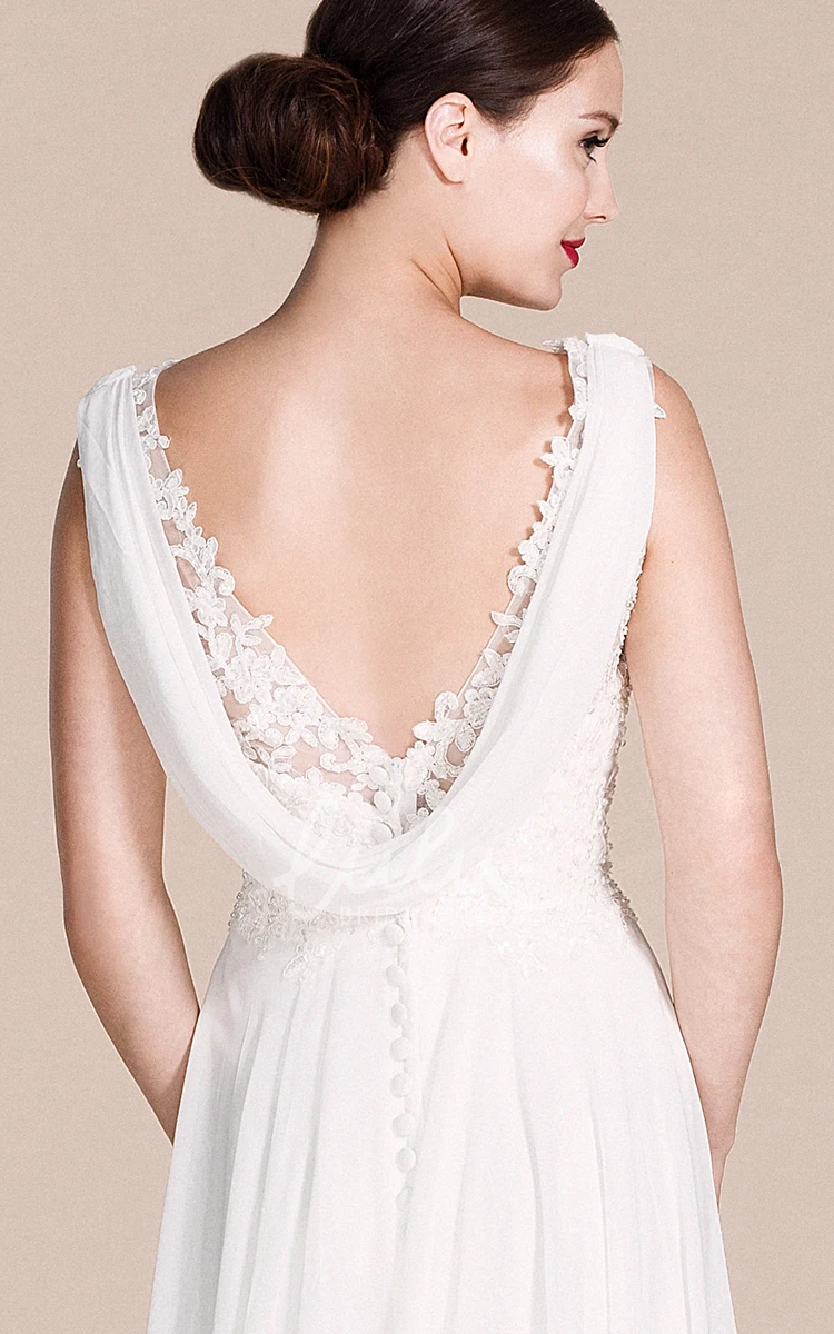 Lace Bodice Chiffon Wedding Dress Sleeveless & V-neck