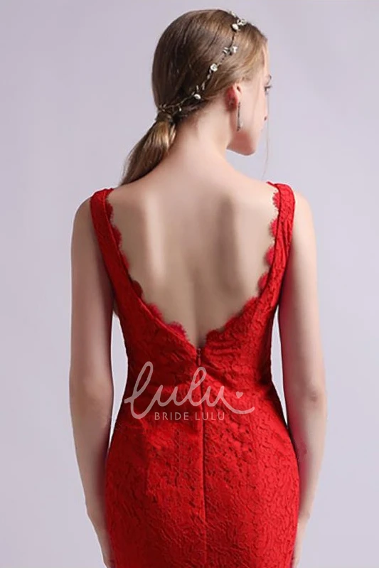 Lace Mermaid High-Low Sleeveless Elegant Formal Dress with Scalloped Deep-V Back