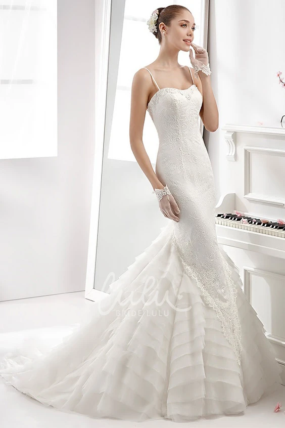 Sheath Mermaid Wedding Dress with Spaghetti Straps and Tiers Train