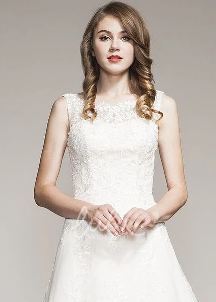 Lace Appliqued A-Line Wedding Dress with Bateau Neckline and Floor-Length