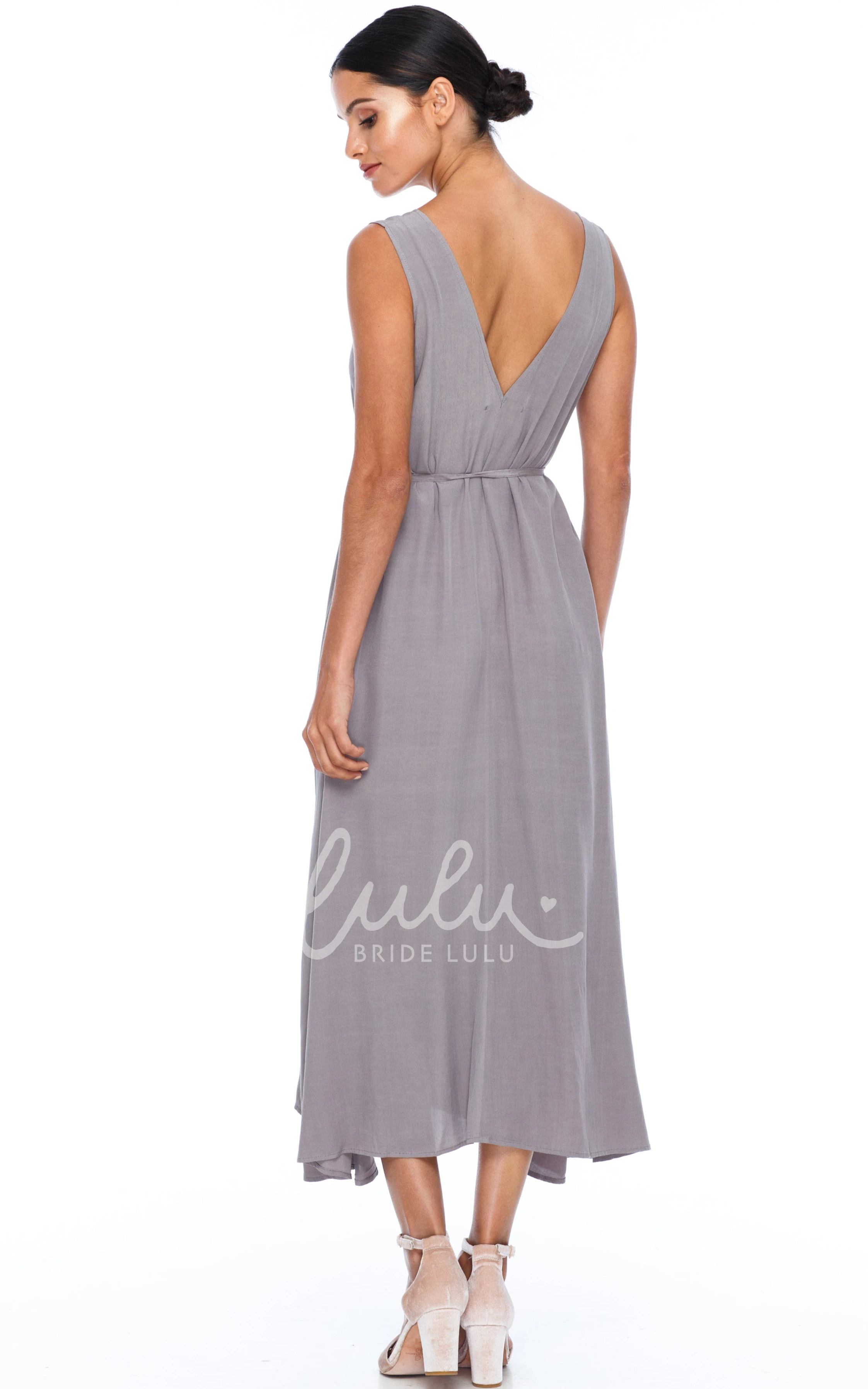 Charmeuse V-neck Bridesmaid Dress with Low-V Back and Sash Casual Bridesmaid Dress
