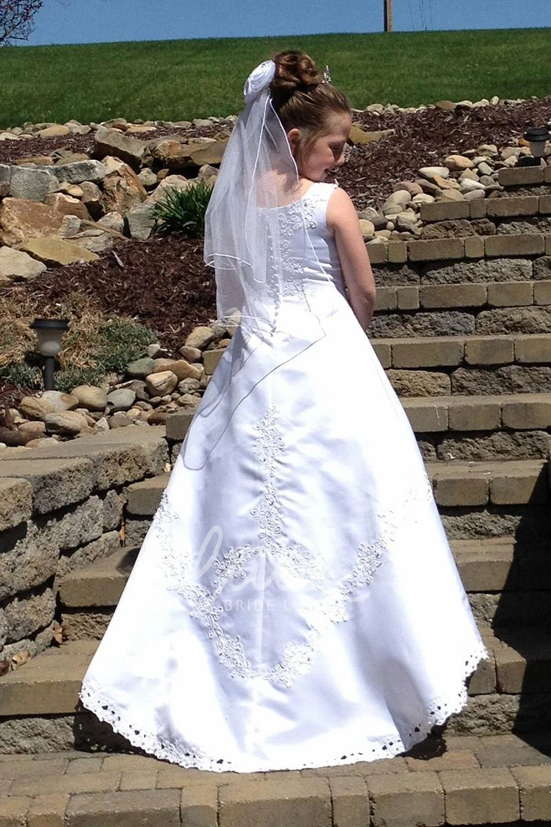 Embroidered Satin Flower Girl Dress with Court Train and Beaded Flowers Unique Wedding Dress for Girls