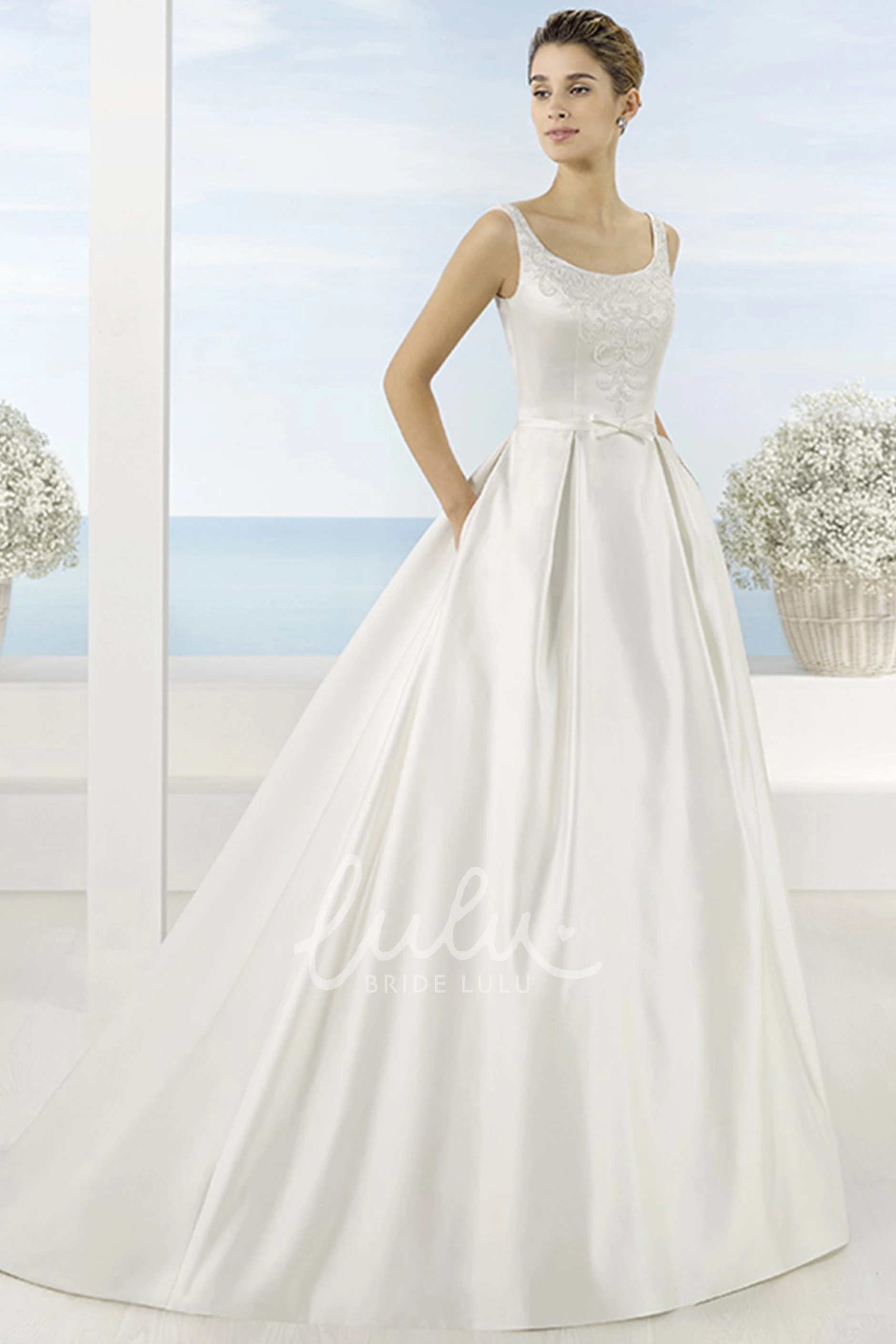 Maxi Beaded Satin Spring Wedding Dress with Square Neckline and Sweep Train