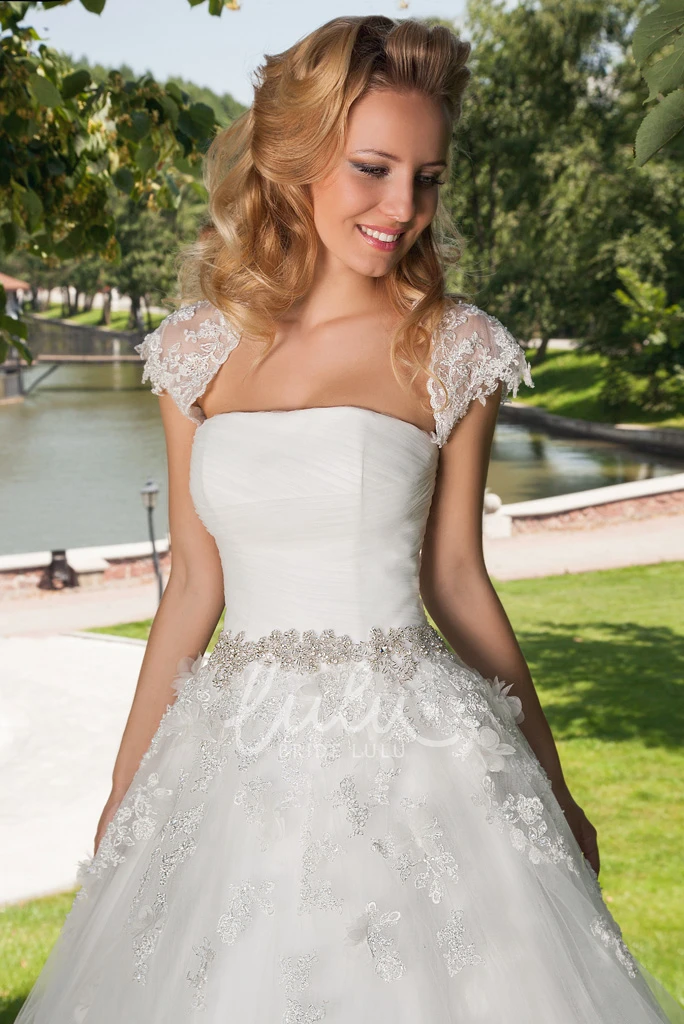 Jeweled Tulle A-Line Wedding Dress with Ruching and Cape Elegant Bridal Gown