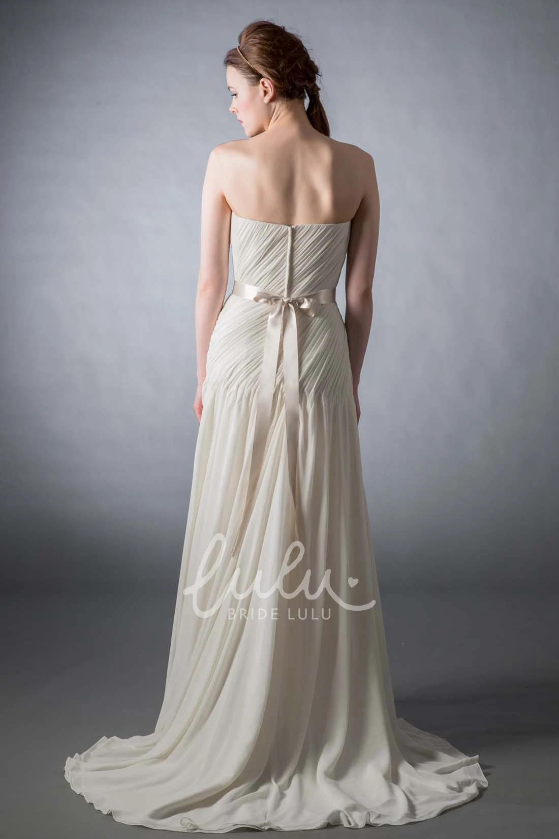 Chiffon Wedding Dress Maxi Strapless Ruched Bowed Sweep Train