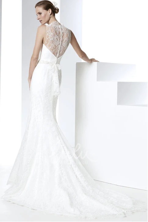 Sleeveless Jeweled Bateau Lace Wedding Dress with Illusion Back Modern Bridal Gown