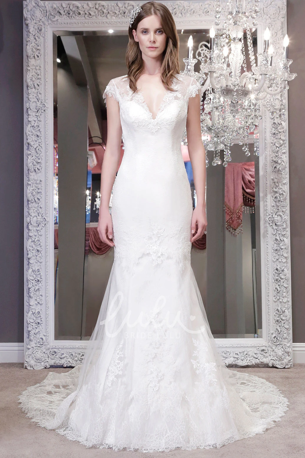 V-Neck Cap-Sleeve Lace Trumpet Wedding Dress with Illusion Unique Bridal Gown for Women