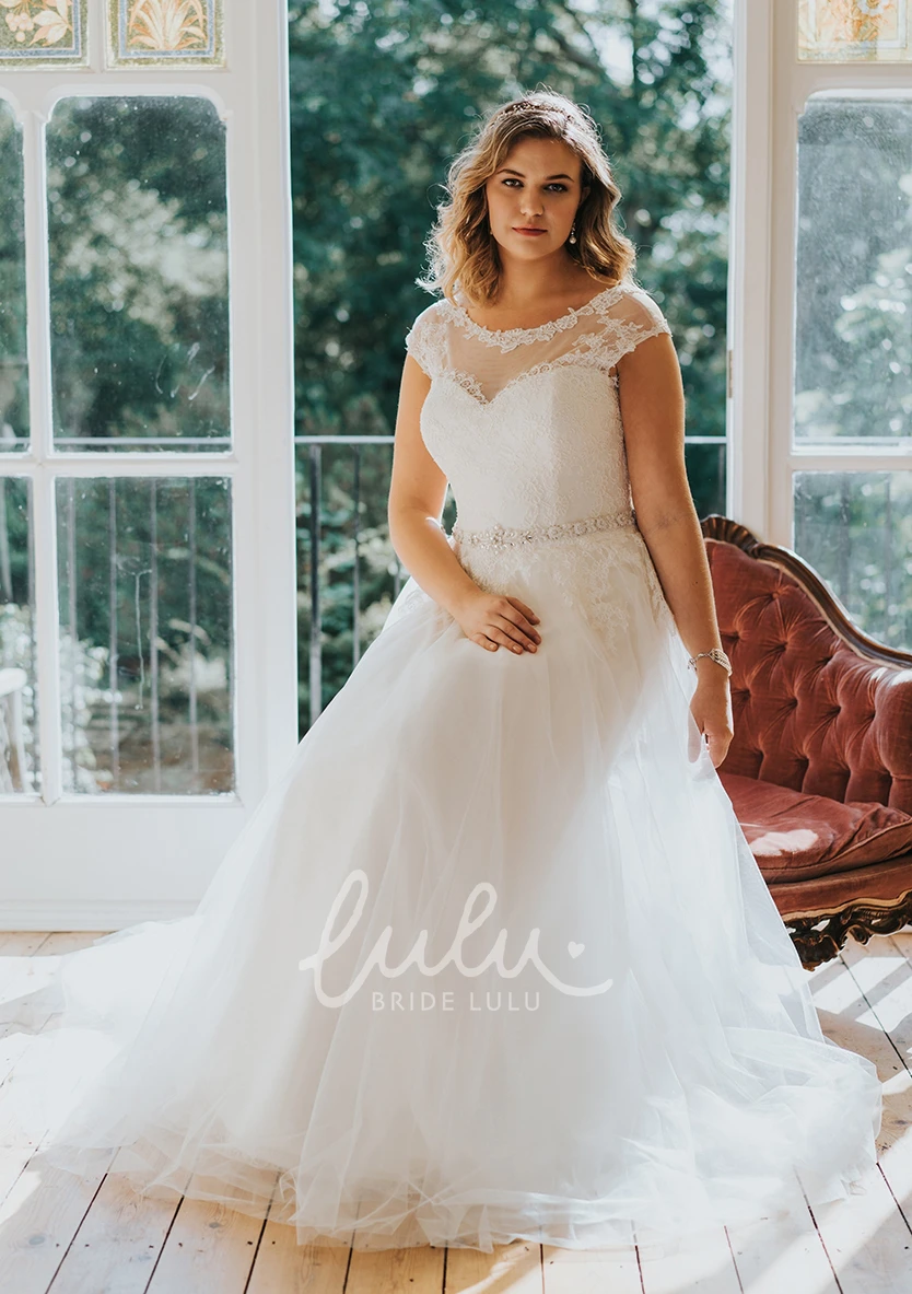 Tulle Low-V Back Wedding Dress with Waist Jewellery A-Line Long Scoop Neck