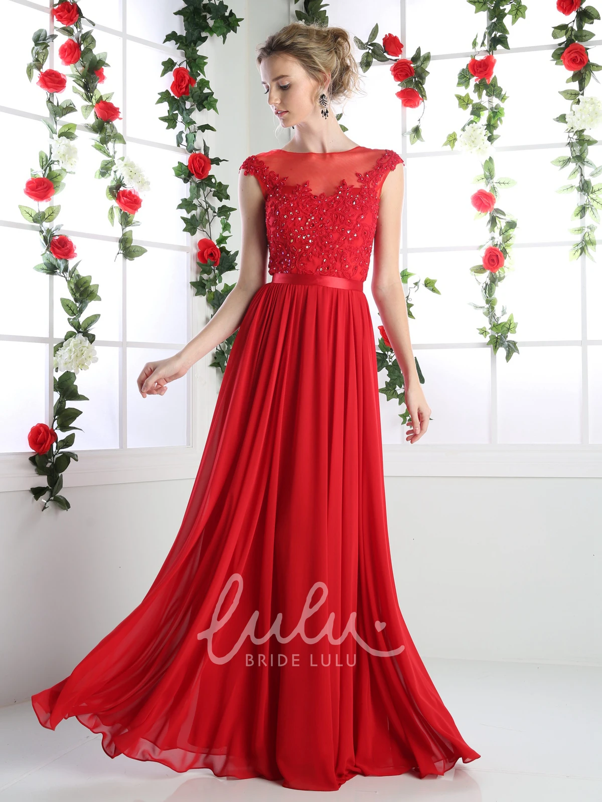 Cap-Sleeve Chiffon A-Line Formal Dress with Lace and Pleats