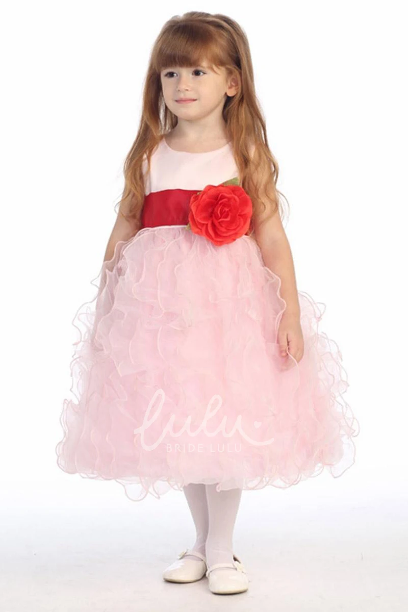 Organza & Satin Floral Tea-Length Flower Girl Dress with Ruffles Elegant Wedding Dress for Girls