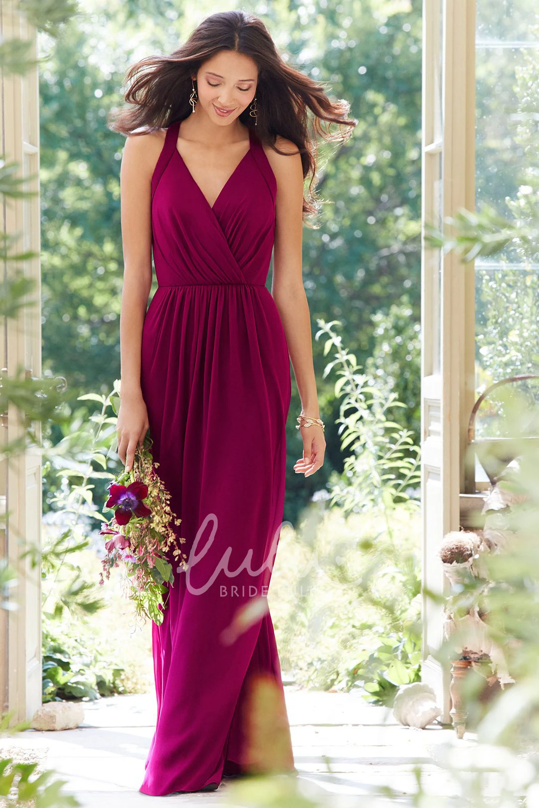 Halter Pleated Chiffon Bridesmaid Dress with Straps and Elegant Sheath Silhouette