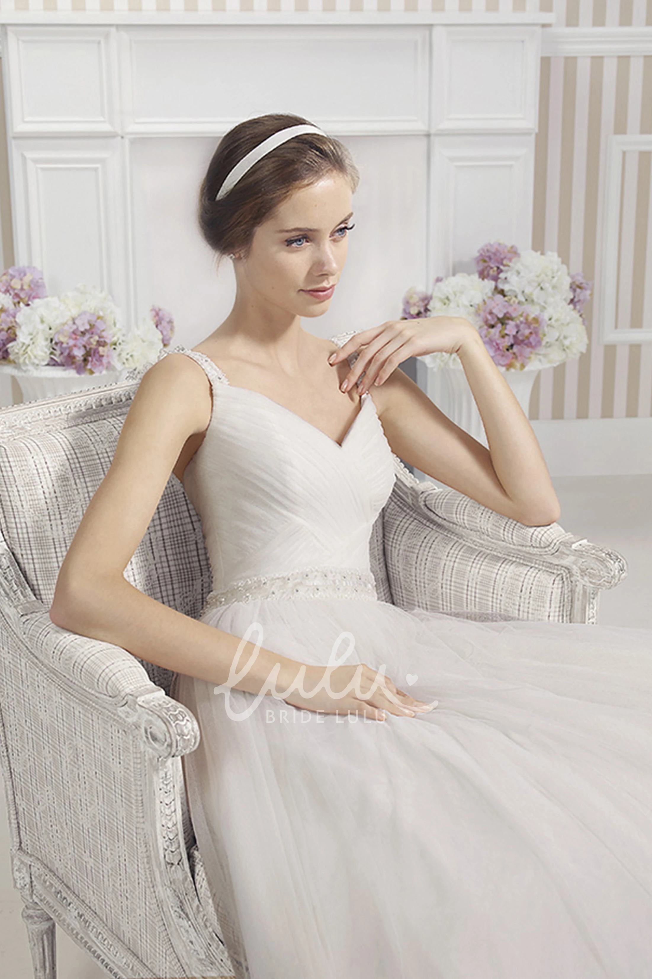 Jeweled Tulle A-Line Wedding Dress with Ruching and Low-V Back