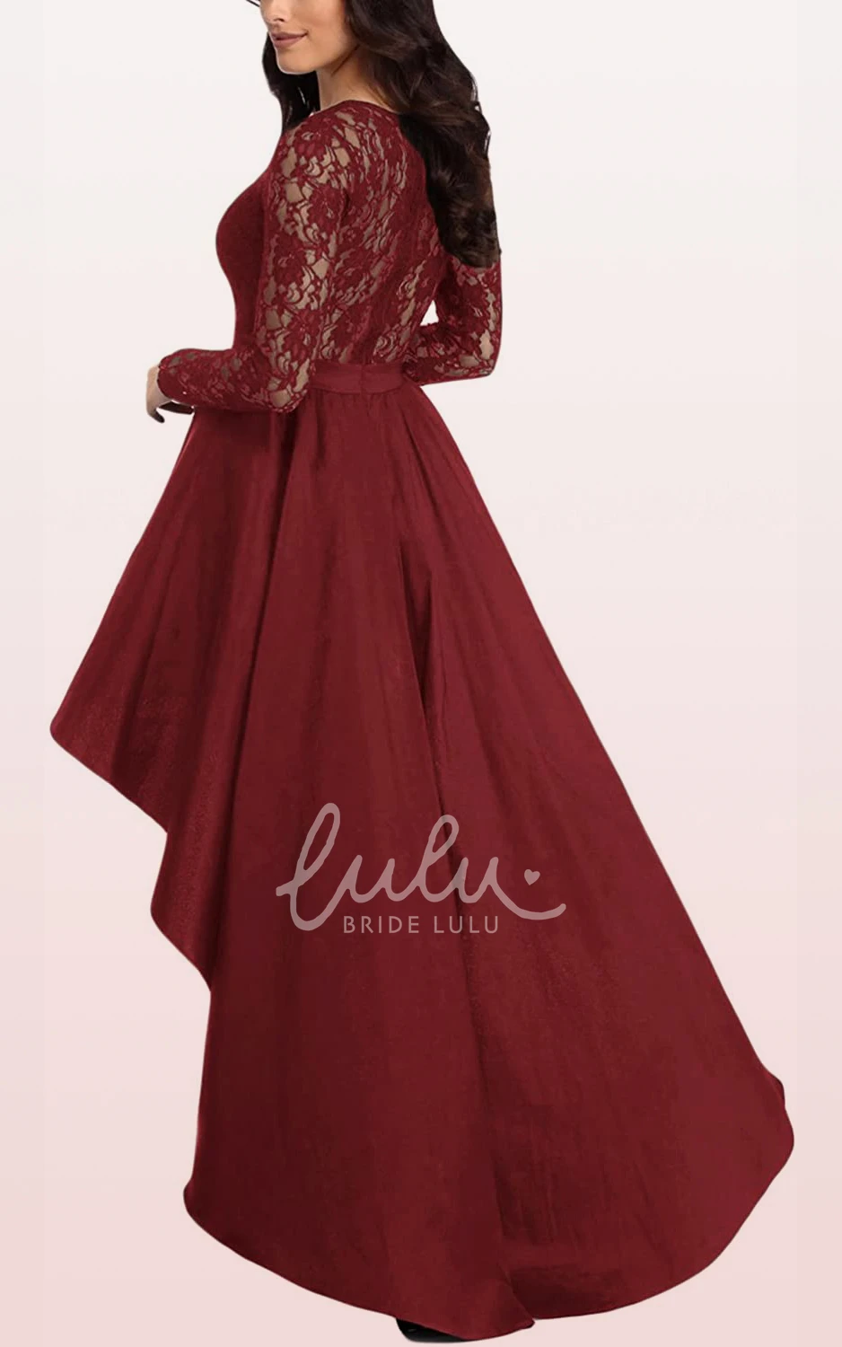 Long Sleeve Lace Taffeta Illusion Formal Dress with Ruffles