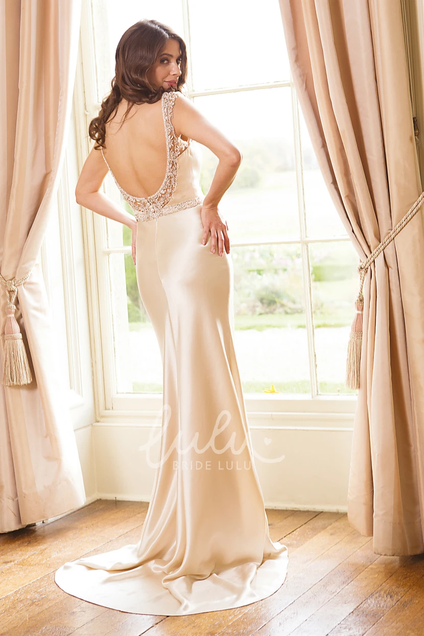 V-Neck Sleeveless Satin Wedding Dress with Beading Sheath Style