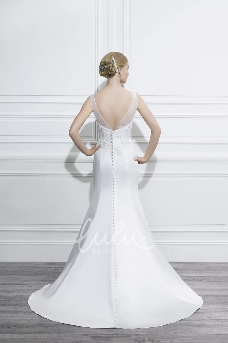 Satin Trumpet Wedding Dress with V-Neck Appliques and Low-V Back Classic Bridal Gown