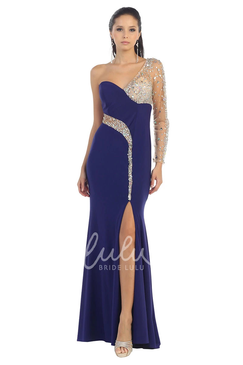 Sheath Illusion Jersey Dress with Beading and Split Front Prom Dress