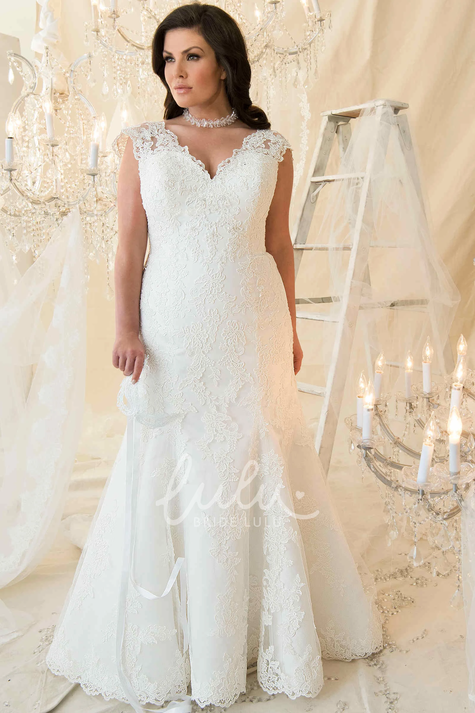Lace Cap-Sleeve Mermaid Plus Size Wedding Dress with Lace Up V-Neck