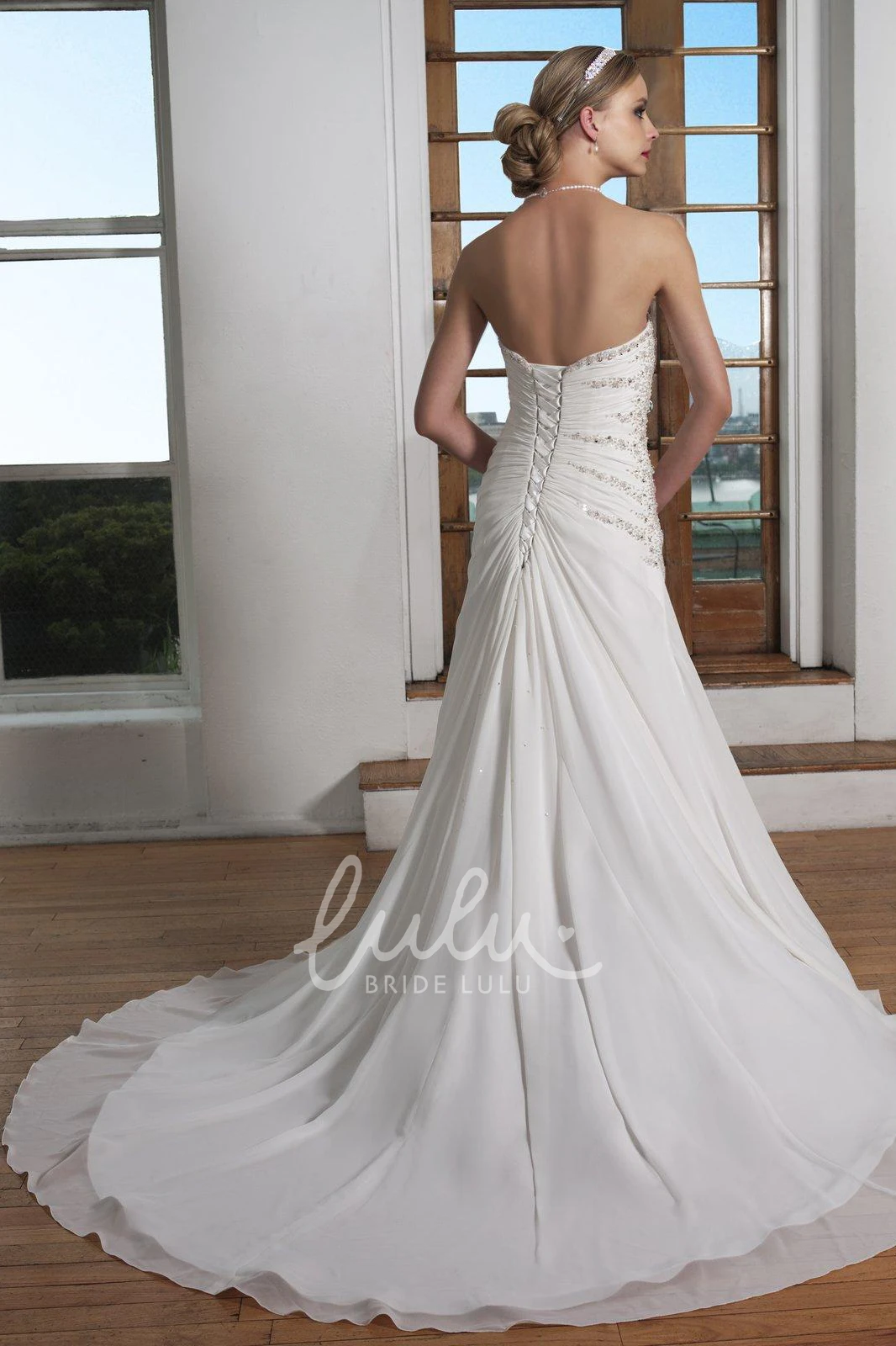 Beaded Chiffon Strapless Sheath Wedding Dress with Ruching Floor-Length