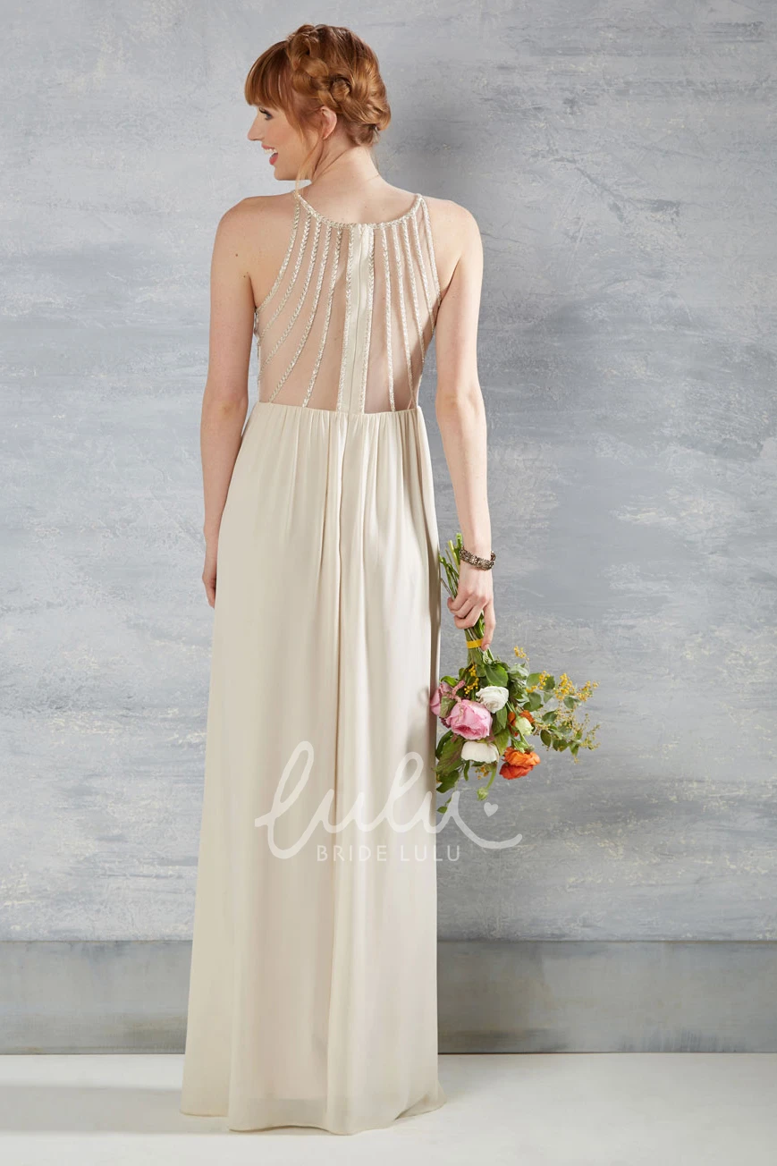 Chiffon Wedding Dress with Beading and Illusion Sleeveless Pleated Scoop Neck
