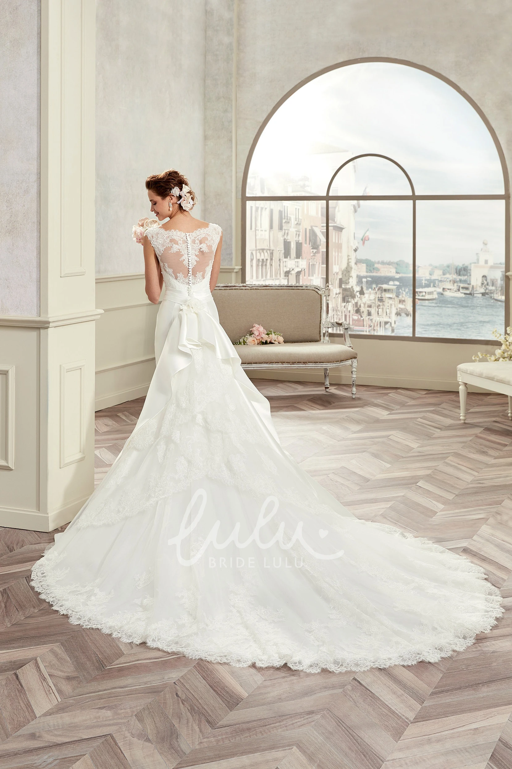 Satin Wedding Dress with Detachable Train Back Bow and Cap Sleeves