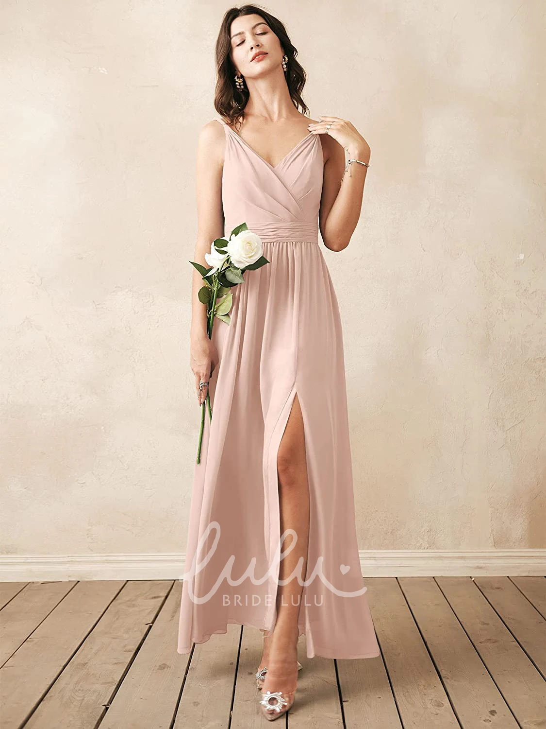 Sleeveless V-neck Chiffon A-line Bridesmaid Dress with Ruching Romantic
