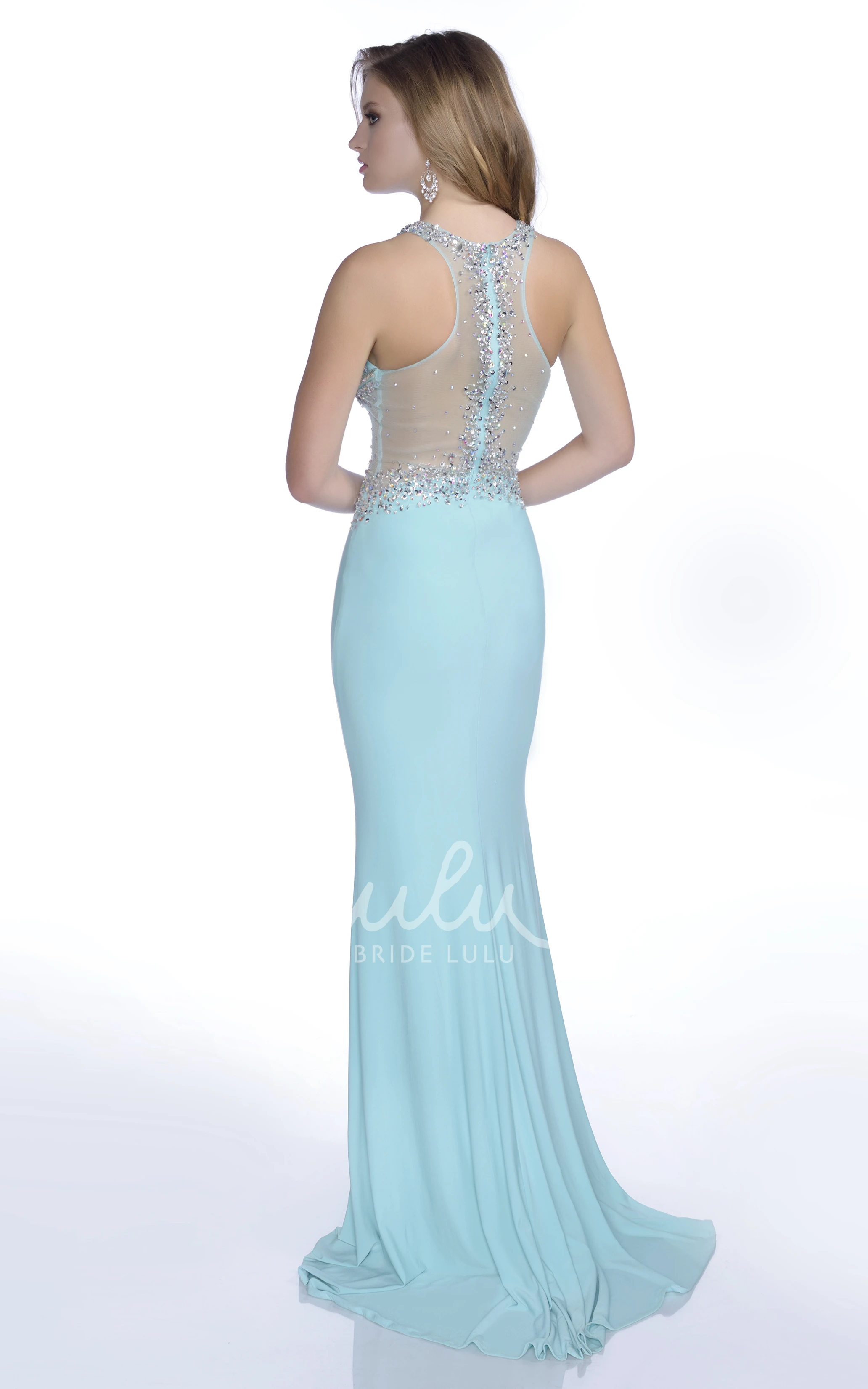 Jersey Sleeveless Prom Dress with Bling Jeweled Bust and Trumpet Silhouette
