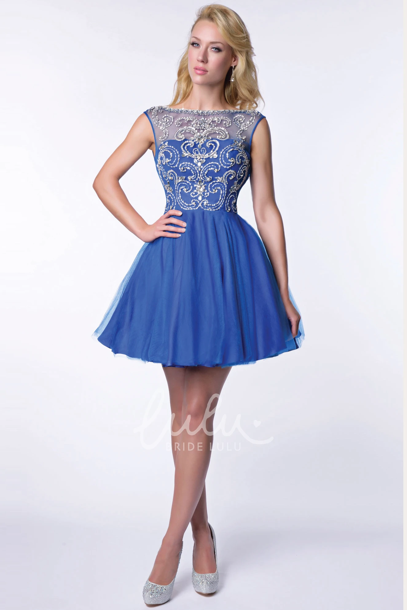 Beaded Tulle A-Line Homecoming Dress with Deep V-Back Elegant Prom Dress
