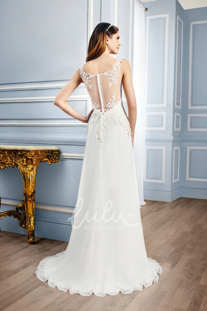 Sleeveless V-Neck Lace Wedding Dress with Appliques and Sweep Train Chic Bridal Gown